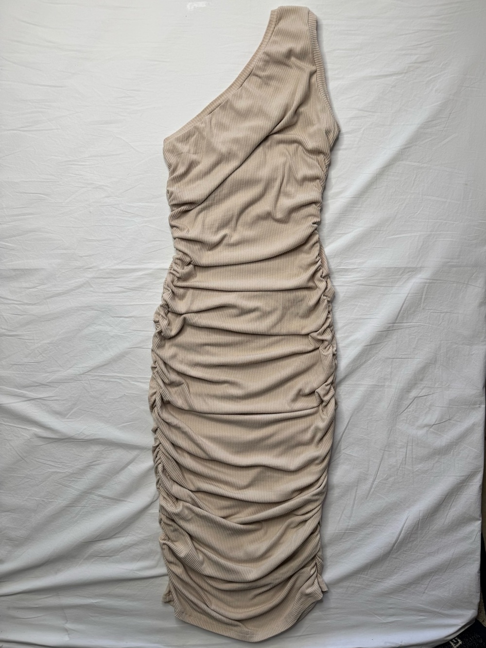 Mable - One-Shoulder Ruched Midi Dress - Beige